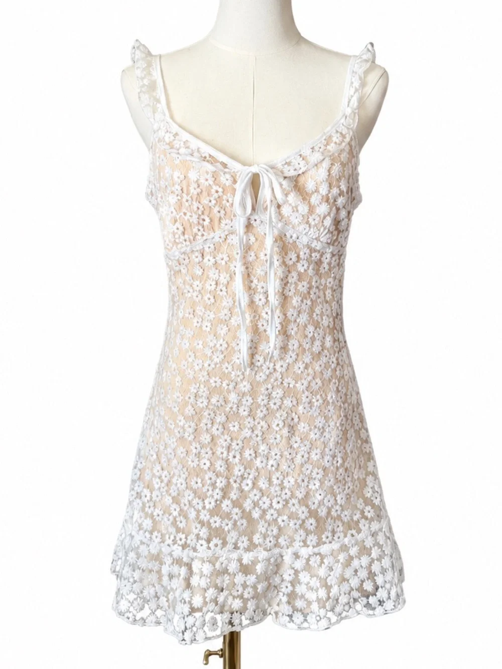 Lulu's White Daisy Lace Mini Dress Floral Embroidered Sheer Overlay Ruffe Straps - Picture 2 of 9